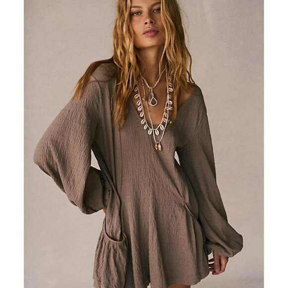 Free People Bayside Mini Tunic Dress Taupe L Boho Crinkle Gauze - Picture 2 of 6